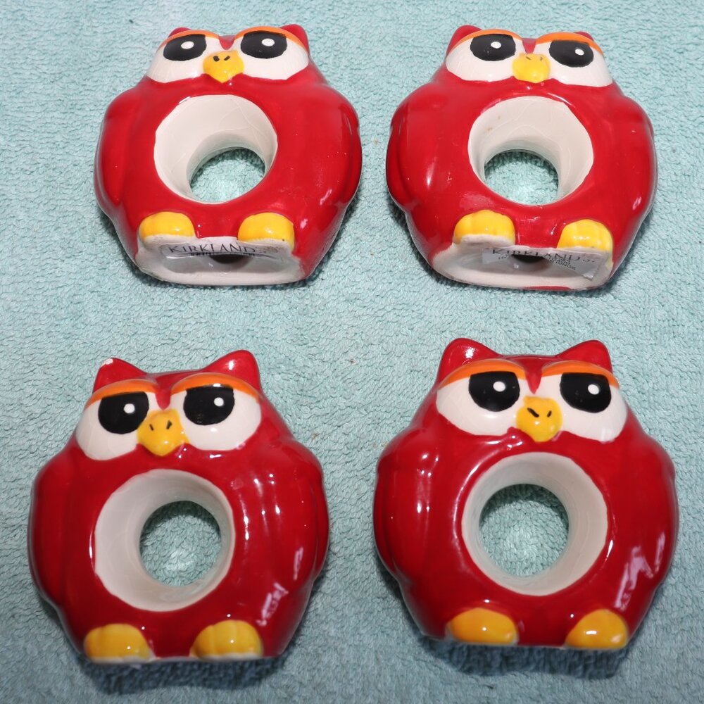 Lot of 4 HARVEST OWL Ceramic Napkin Ring Holders KIRKLANDS